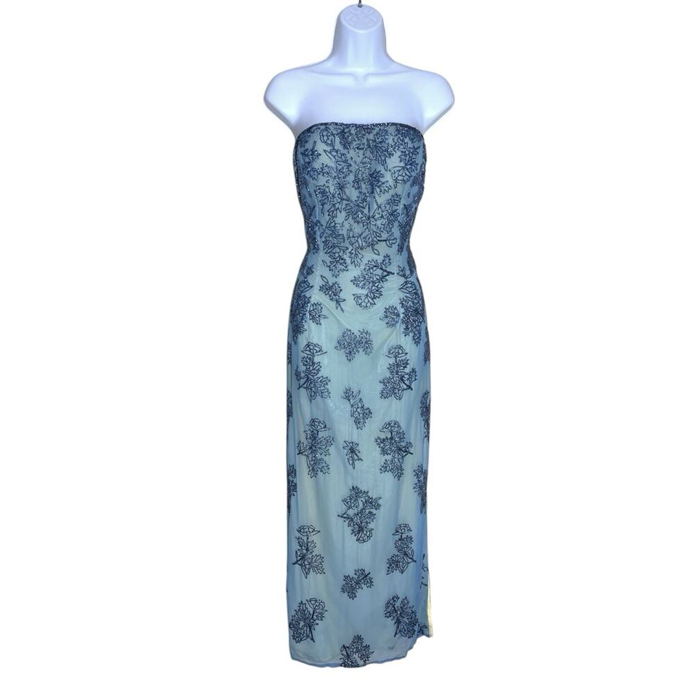 Vintage Cache Prom Dress Sz M Maxi Gown Fairy Y2K Silk Bead Strapless Open Back